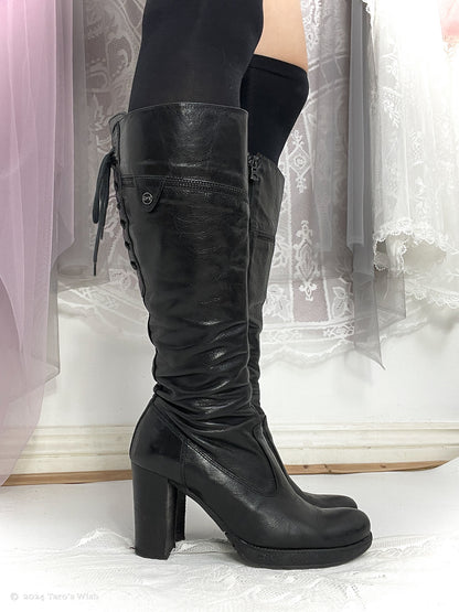 eu36 lace up back knee high heeled boots in black, euro label