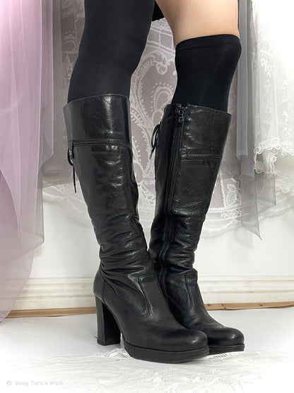 eu36 lace up back knee high heeled boots in black, euro label