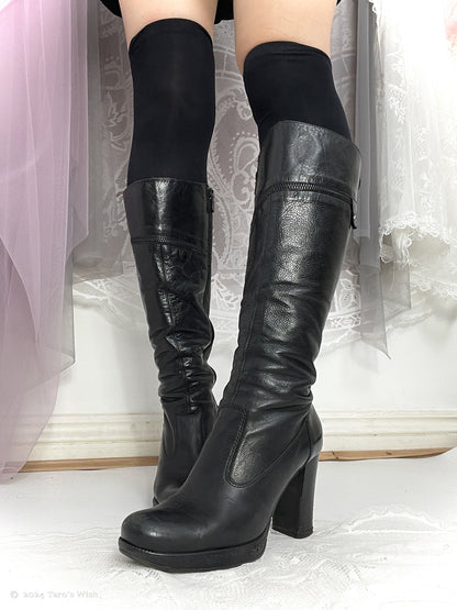 eu36 lace up back knee high heeled boots in black, euro label