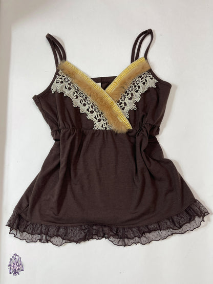 Axes femme lace and fur trim babydoll camisole