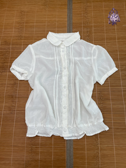 White button lace trim short sleeve sheer blouse