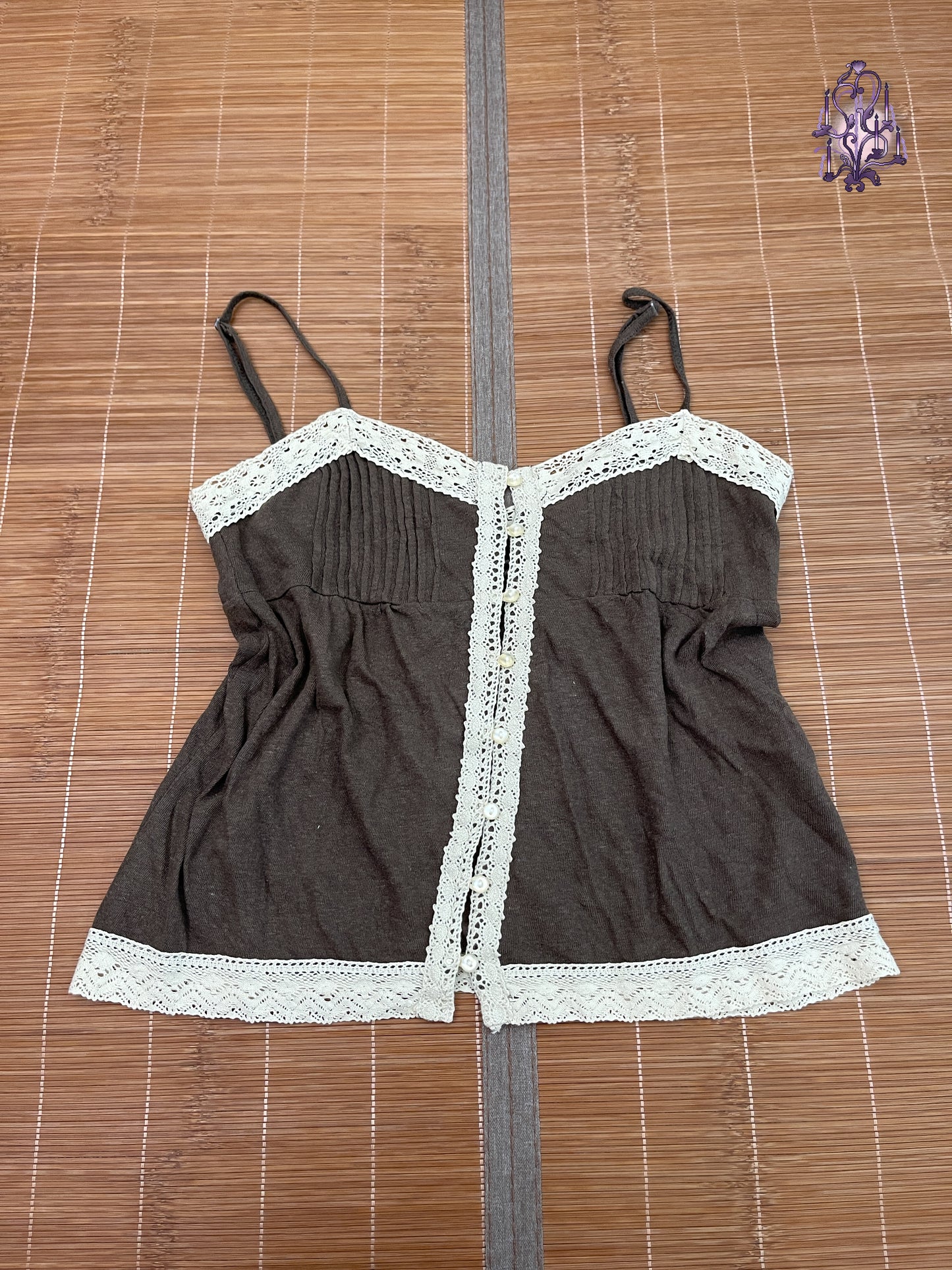 Brown button lace trim camisole