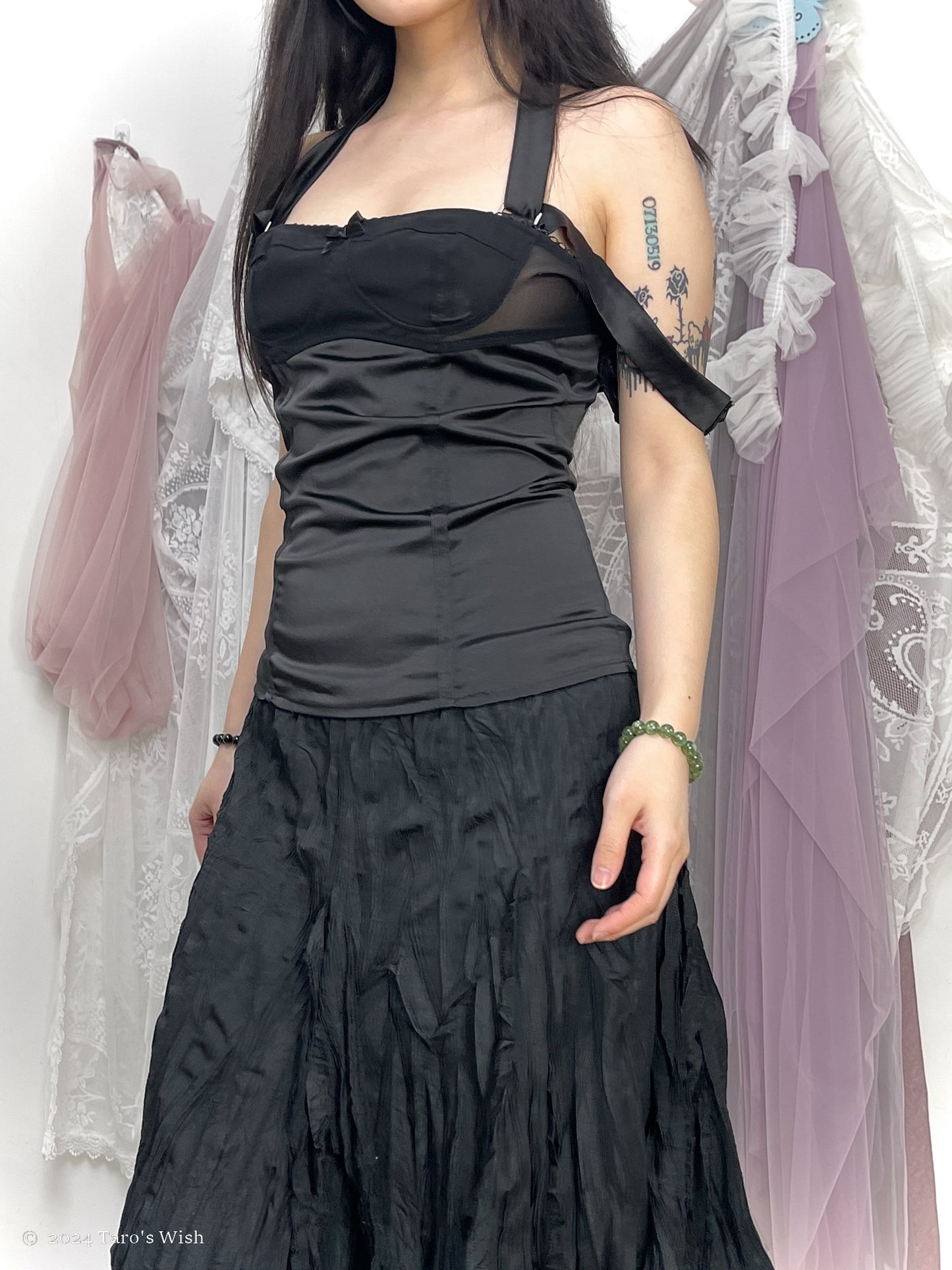 whimsical corset with ribbon in black, euro label