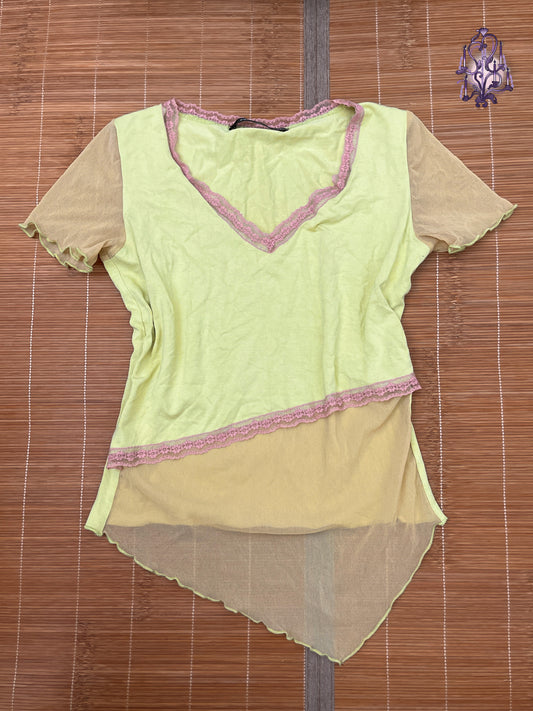 Light green asymmetric tulle lace trim short sleeve