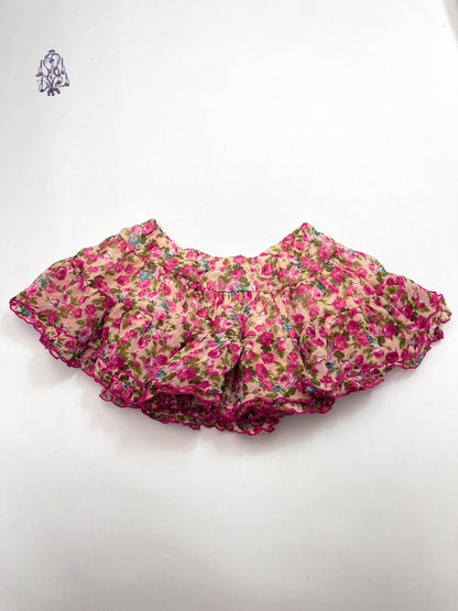 Pink floral print puff mini skirt