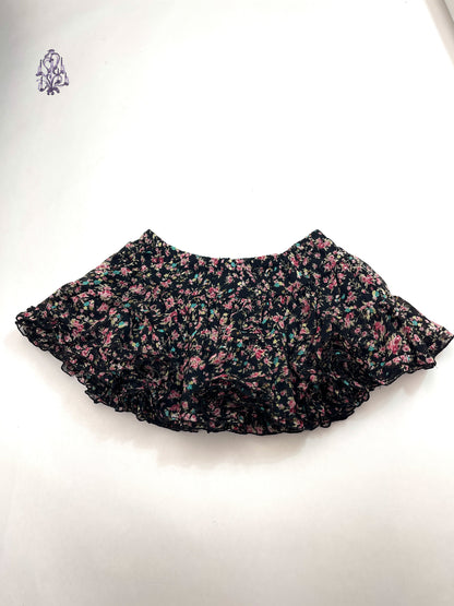 Black floral print puff mini skirt