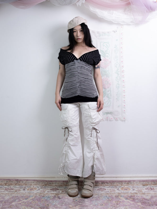 DRAWSTRING WHITE CARGO FLARED PANTS