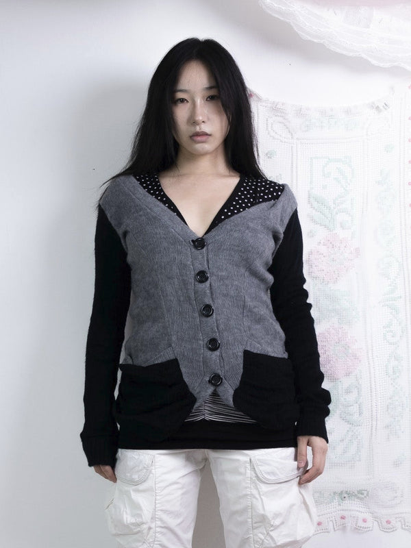 GREY AND BLACK CONTRAST KNIT CARDIGAN WITH GATHERED POCKETS