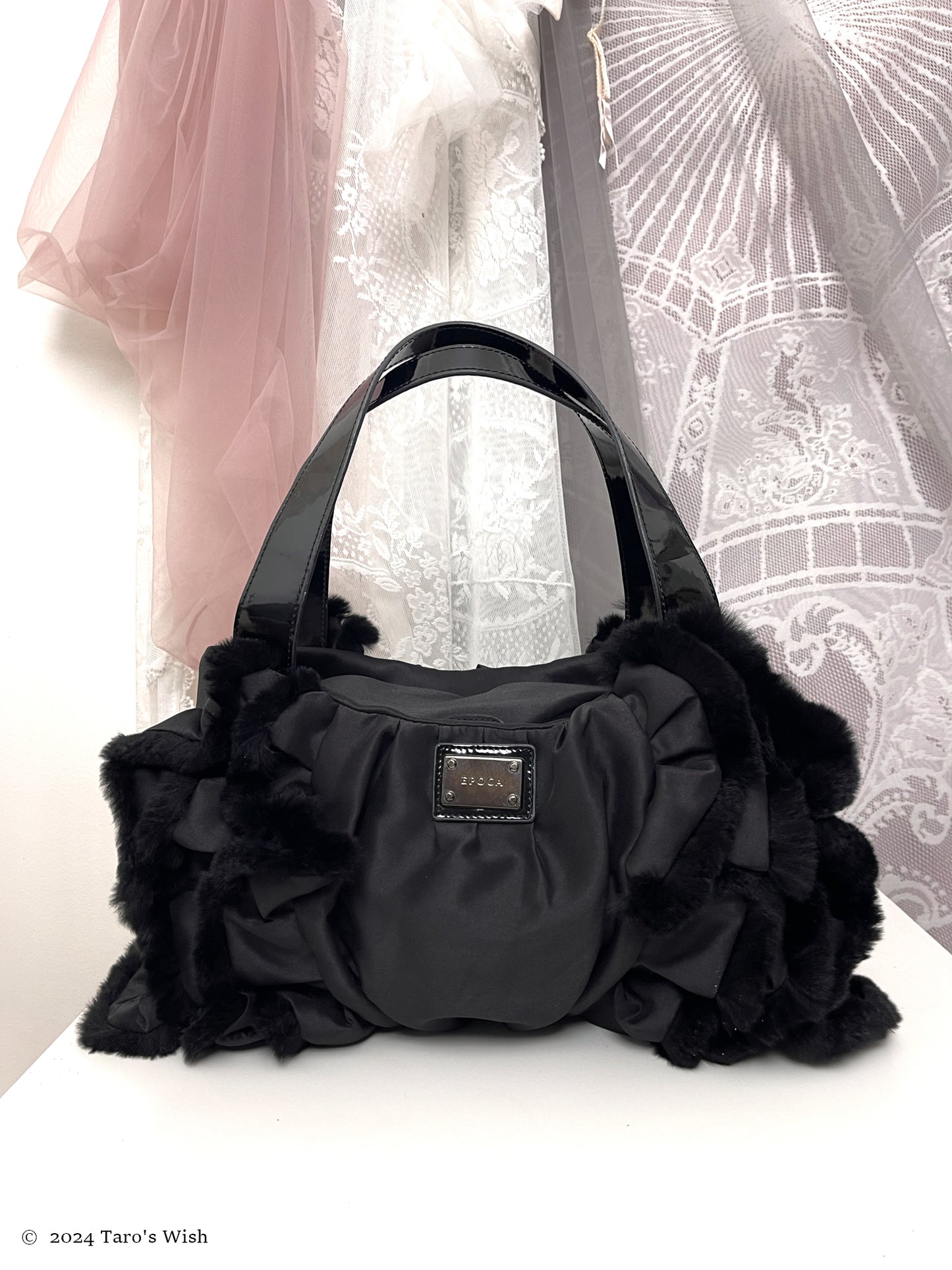 dark fur trim handbag, japanese label epoca