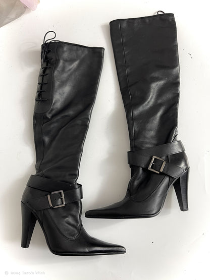 eu40 lace up back knee high heeled boots in black, euro label