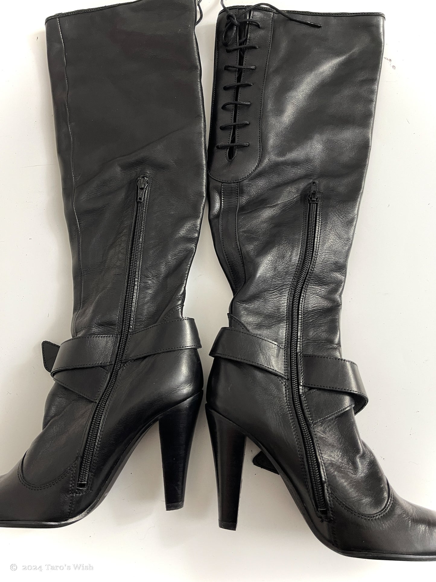 eu40 lace up back knee high heeled boots in black, euro label