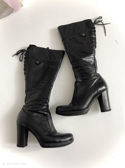 eu36 lace up back knee high heeled boots in black, euro label