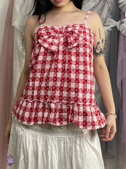 Red plaid large bow tie daisy print camisole