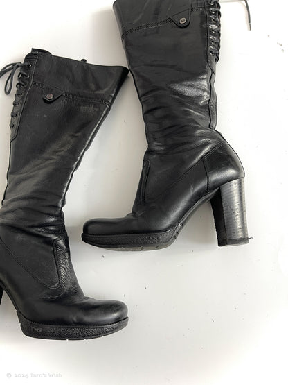 eu36 lace up back knee high heeled boots in black, euro label