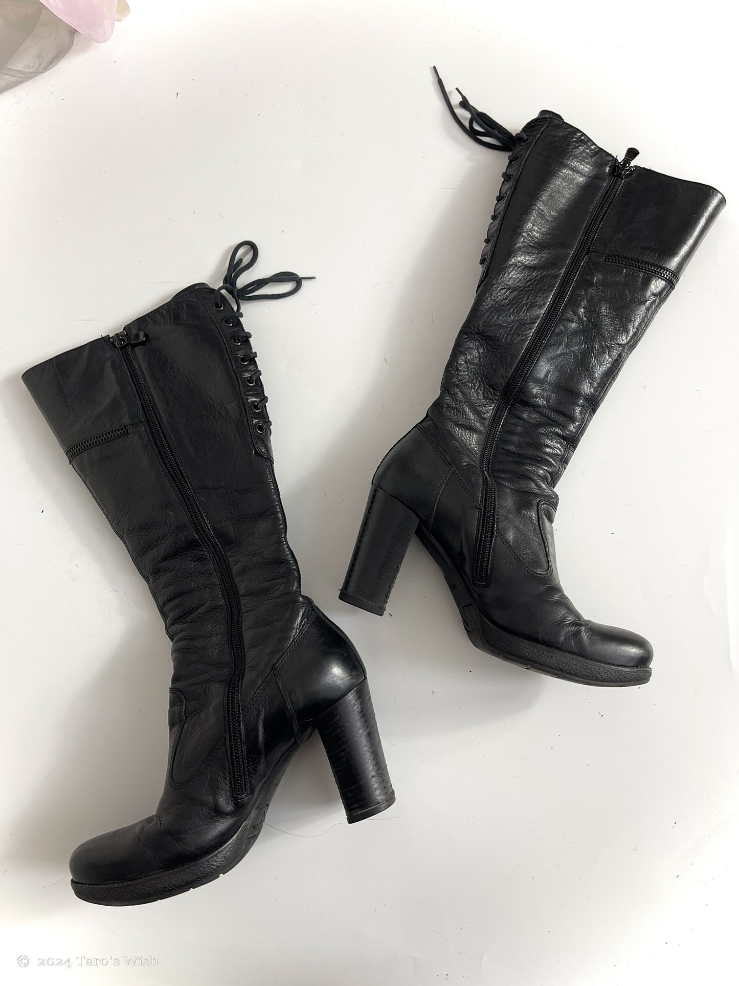 eu36 lace up back knee high heeled boots in black, euro label