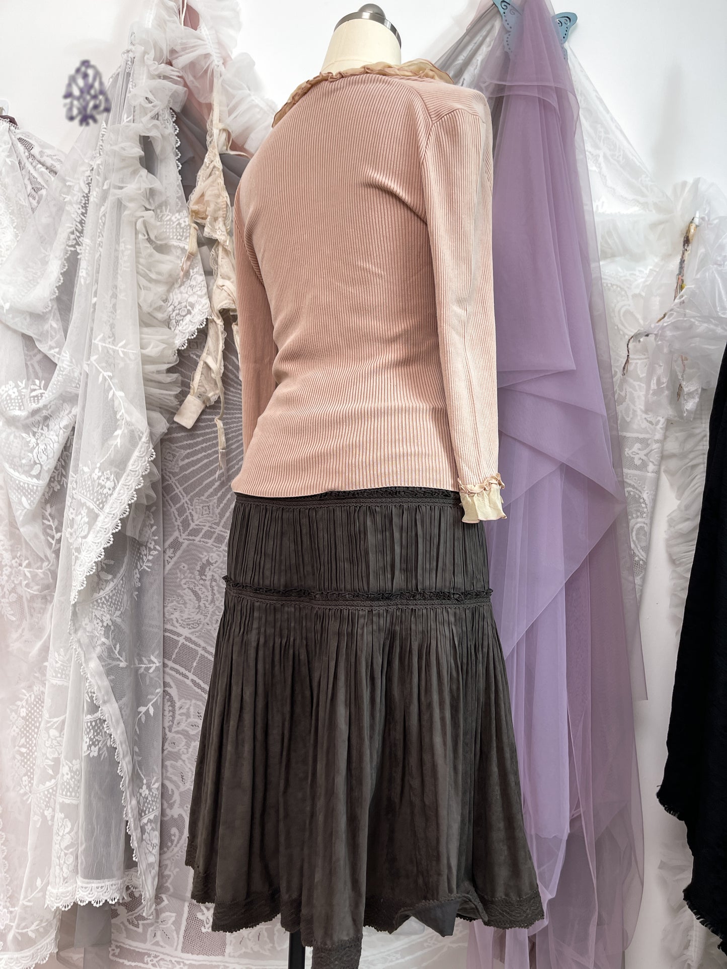 Epoca suede tiered pleated midi skirt in brown