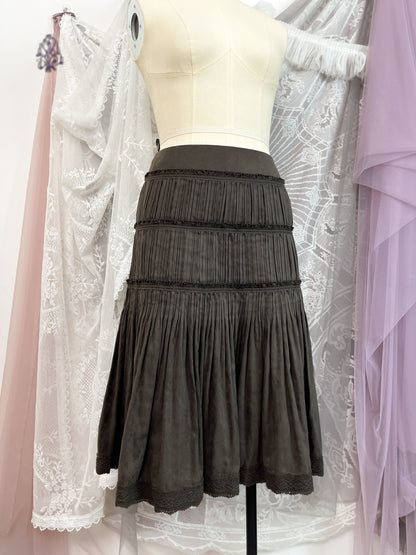 Epoca suede tiered pleated midi skirt in brown