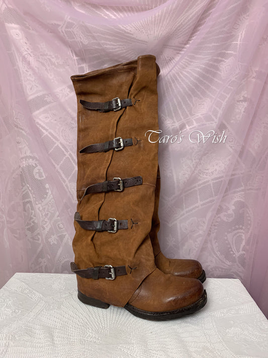 EU38 AS98 Vintage Multi-Belts Slouchy Boots in Brown
