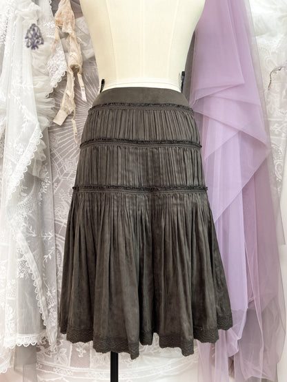 Epoca suede tiered pleated midi skirt in brown