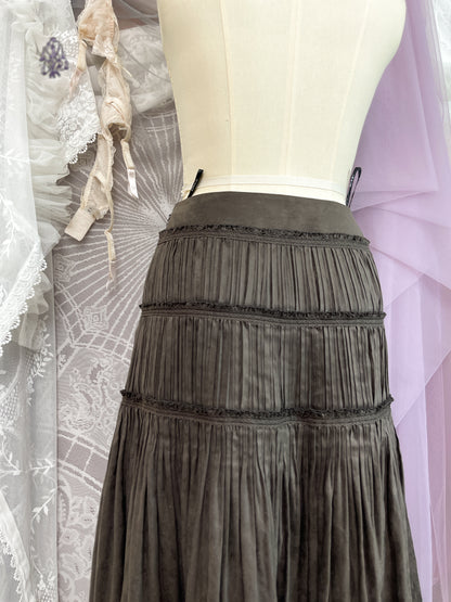 Epoca suede tiered pleated midi skirt in brown