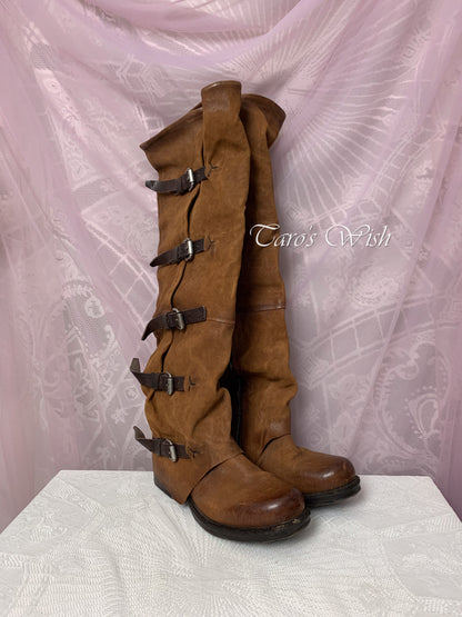 EU38 AS98 Vintage Multi-Belts Slouchy Boots in Brown