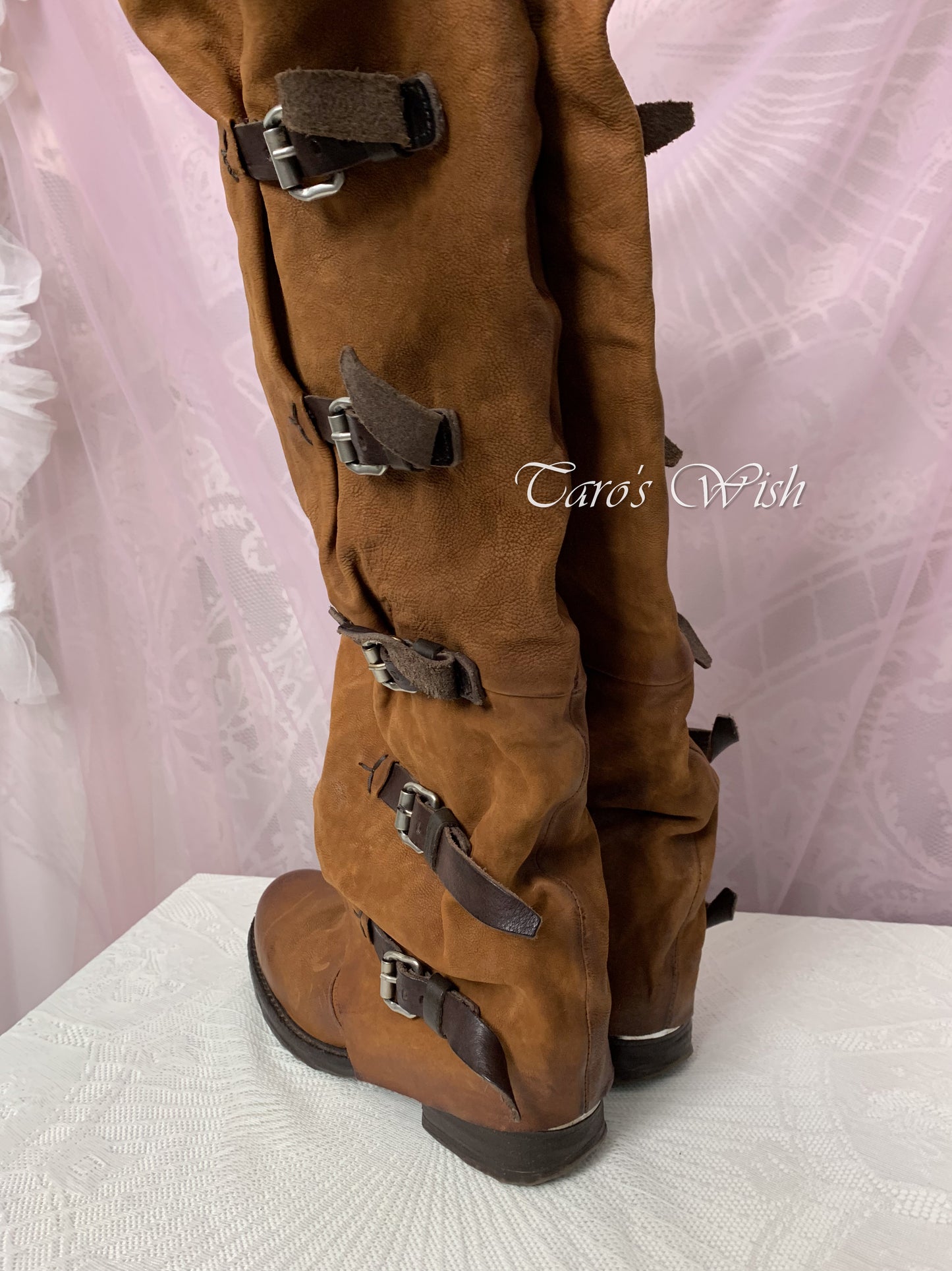 EU38 AS98 Vintage Multi-Belts Slouchy Boots in Brown