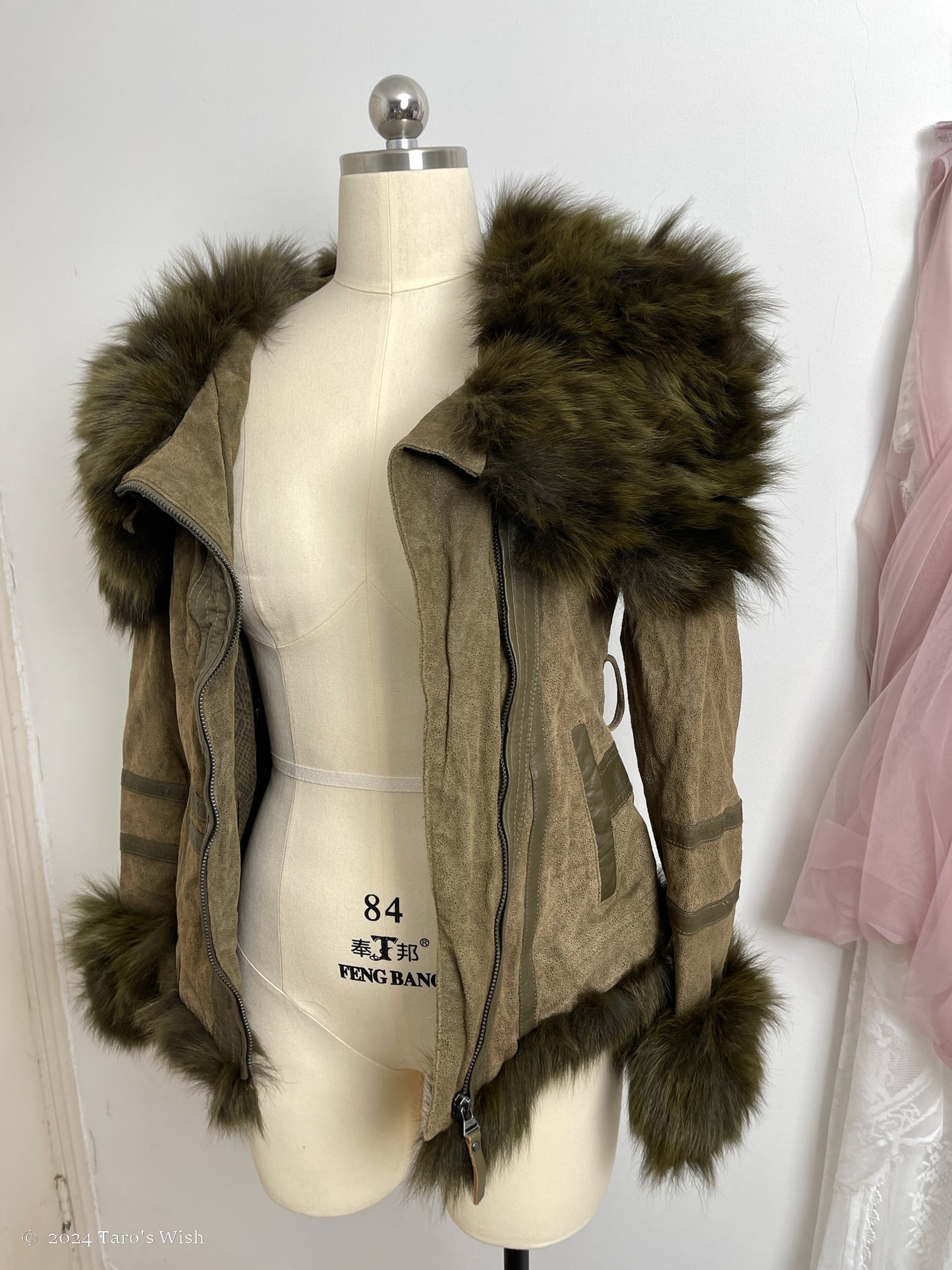 fox fur asymmetric zip up jacket, only