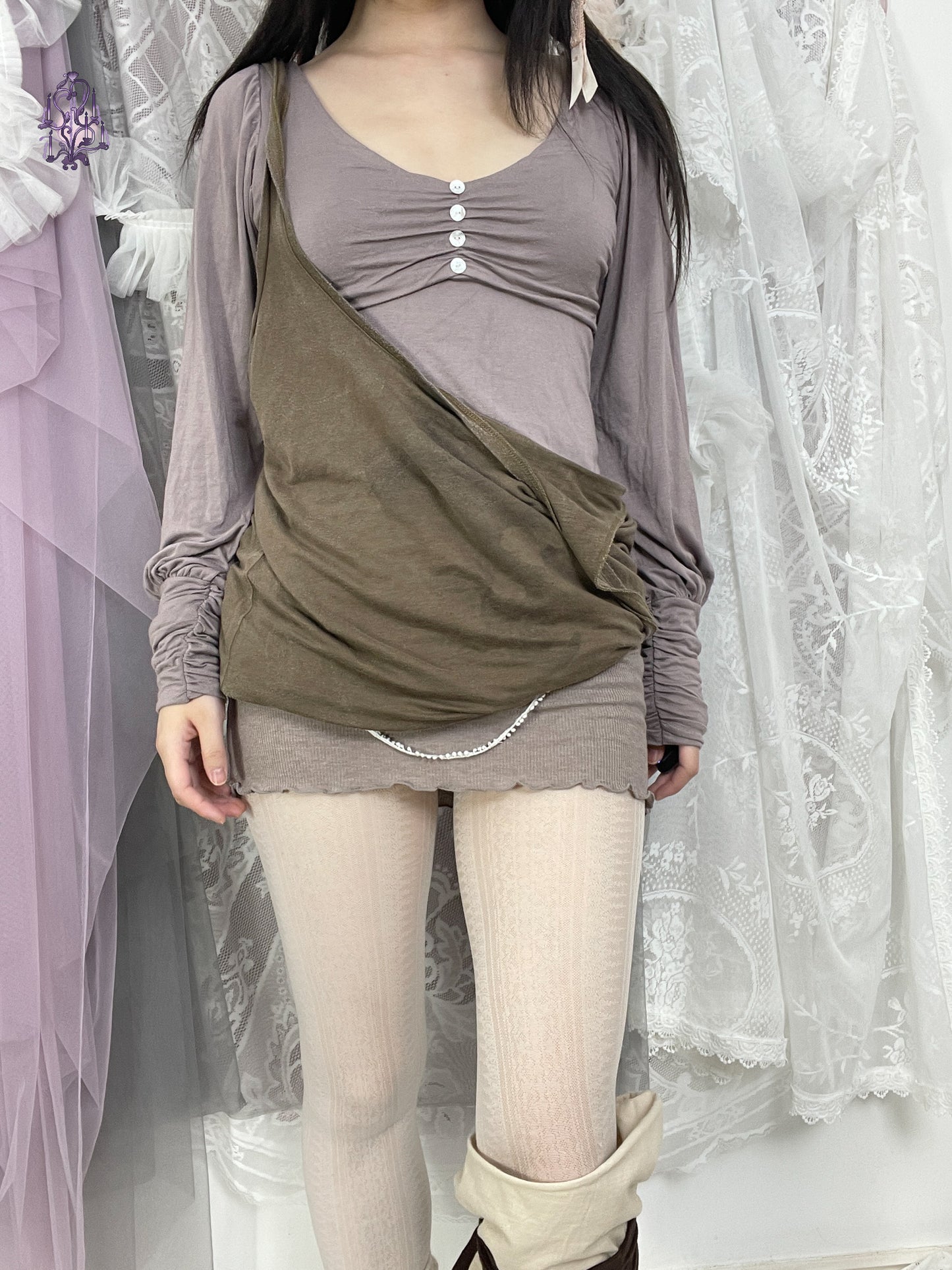 elven ruching button up long sleeves top, paris label showgirls