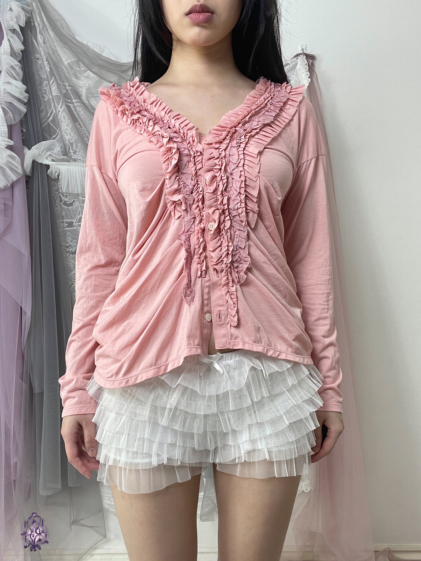 ATSURO TAYAMA pink ruffle button up long sleeve cardigan