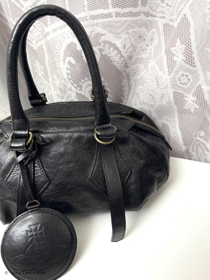 genuine leather boston bag with large orb pendant, japanese label vivienne westwood