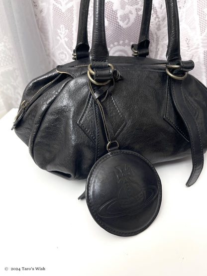 genuine leather boston bag with large orb pendant, japanese label vivienne westwood