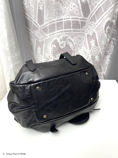 genuine leather boston bag with large orb pendant, japanese label vivienne westwood