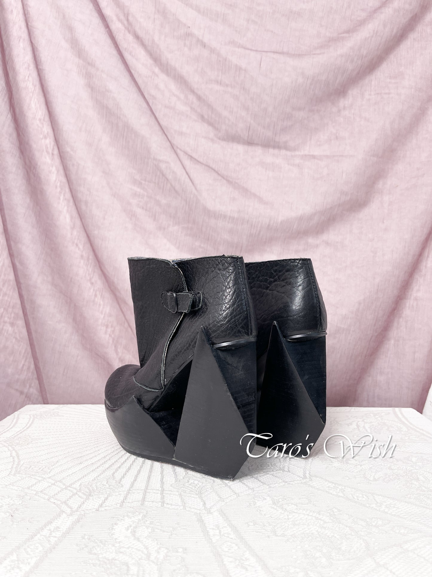 EU38 Ankle Boots with Unusual Heel and Wide Opening Calf