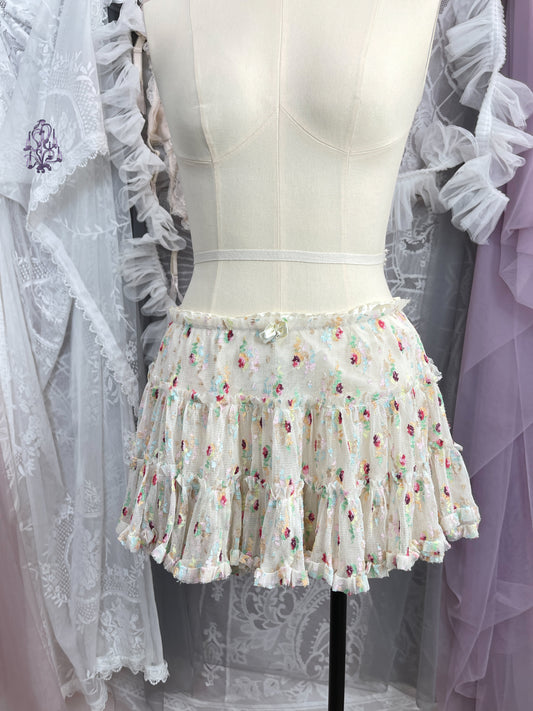 Cream floral puff mini skirt