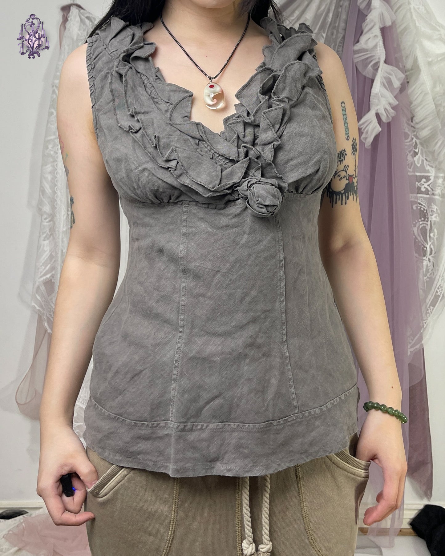 ethereal stone wash grey blossom top, euro label