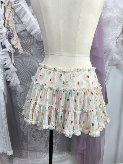 Cream floral puff mini skirt