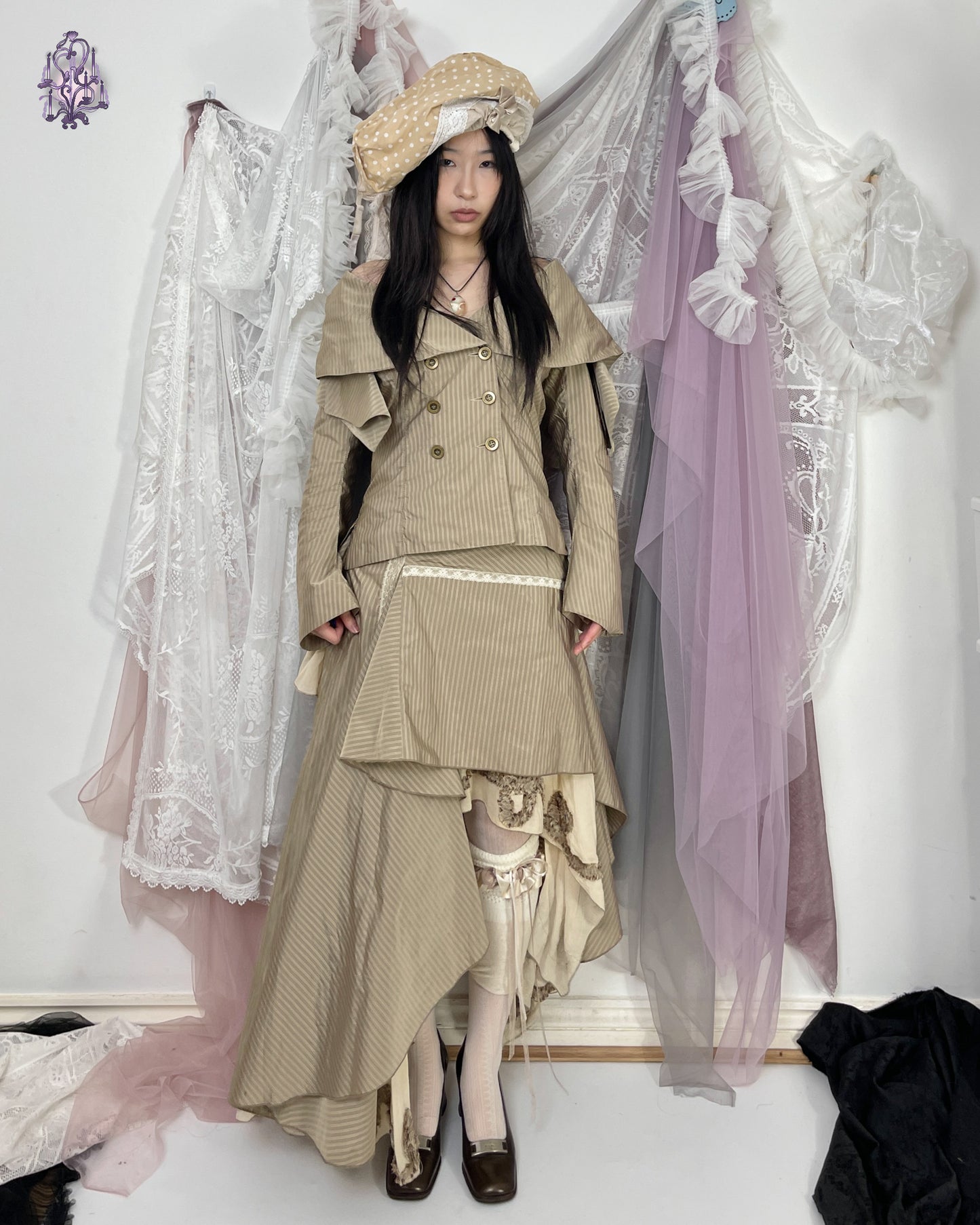 fae whisper two-line buttons oversized collar jacket and asymmetric lace trim maxi skirt set