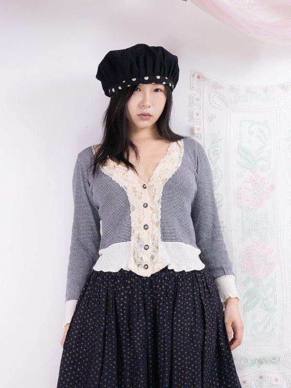 STRIPED LACE TRIM CARDIGAN
