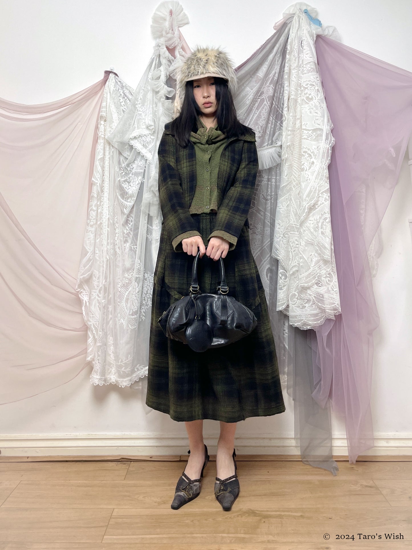 dark green jacket and maxi skirt set, japanese label senso unico