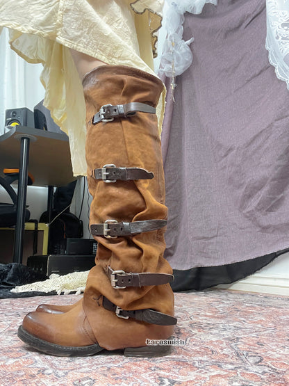 EU38 AS98 Vintage Multi-Belts Slouchy Boots in Brown