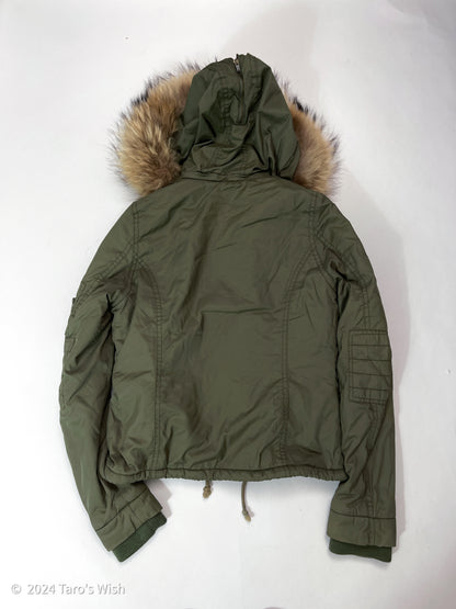 utility fur hood zip up parka jacket, japanese label