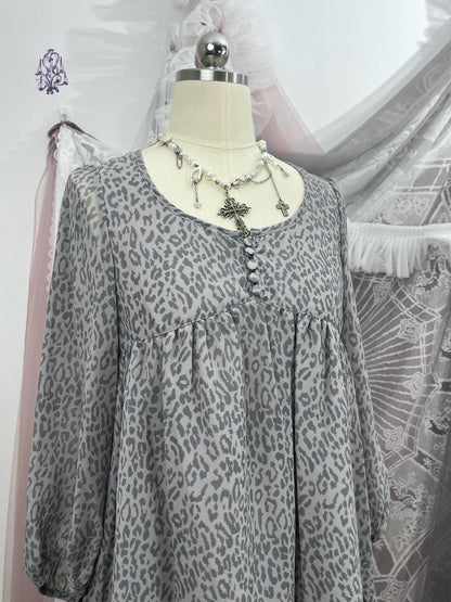 Gyaru leopard button up long sleeves babydoll dress