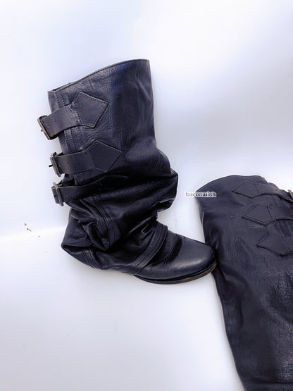 Vintage Genuine Leather Three Belts ZUCCa Slouchy Boots Biker Boots in Black RUNWAY RARE FIND