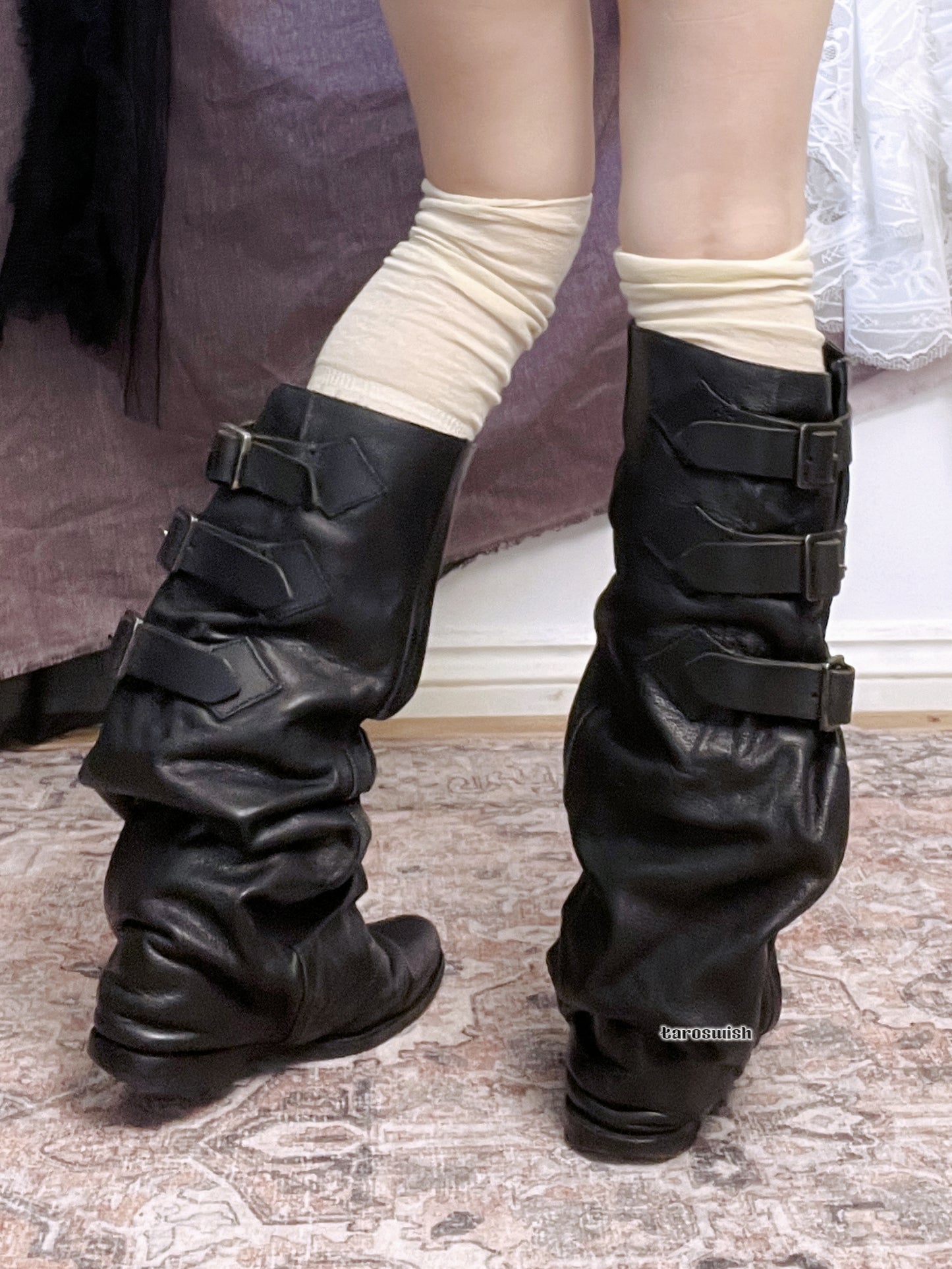 Vintage Genuine Leather Three Belts ZUCCa Slouchy Boots Biker Boots in Black RUNWAY RARE FIND