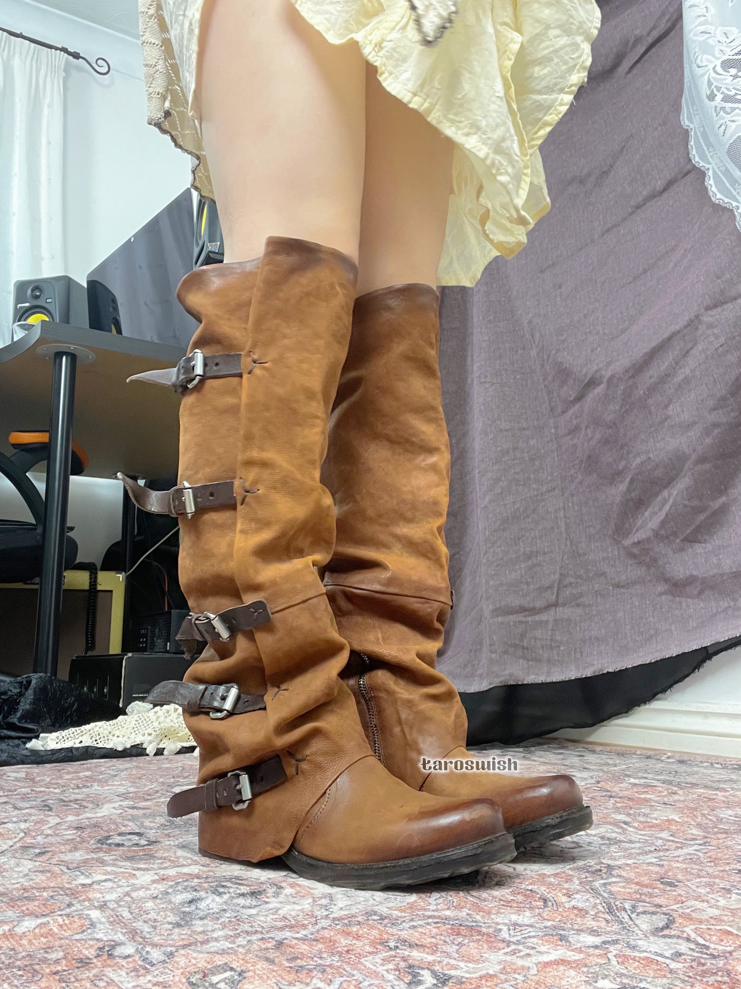 EU38 AS98 Vintage Multi-Belts Slouchy Boots in Brown