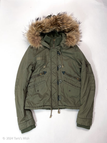 utility fur hood zip up parka jacket, japanese label