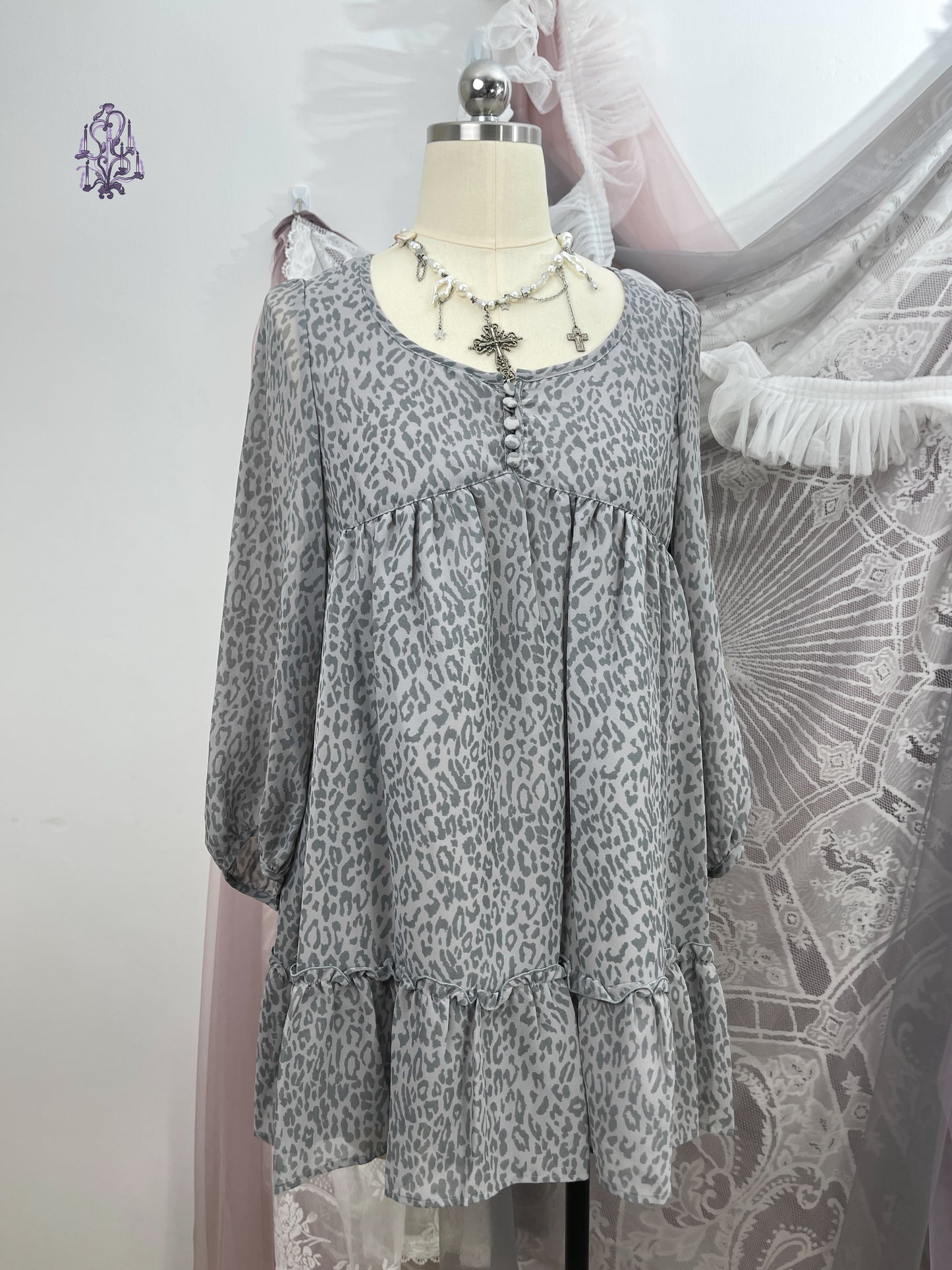 Gyaru leopard button up long sleeves babydoll dress