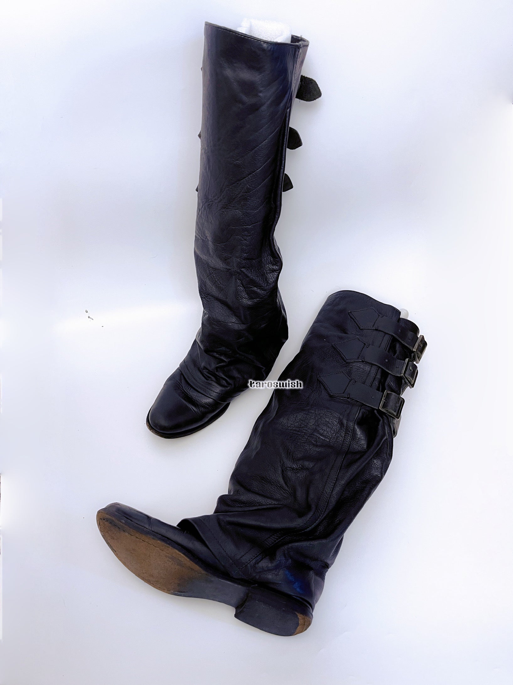 Vintage Genuine Leather Three Belts ZUCCa Slouchy Boots Biker Boots in Black RUNWAY RARE FIND