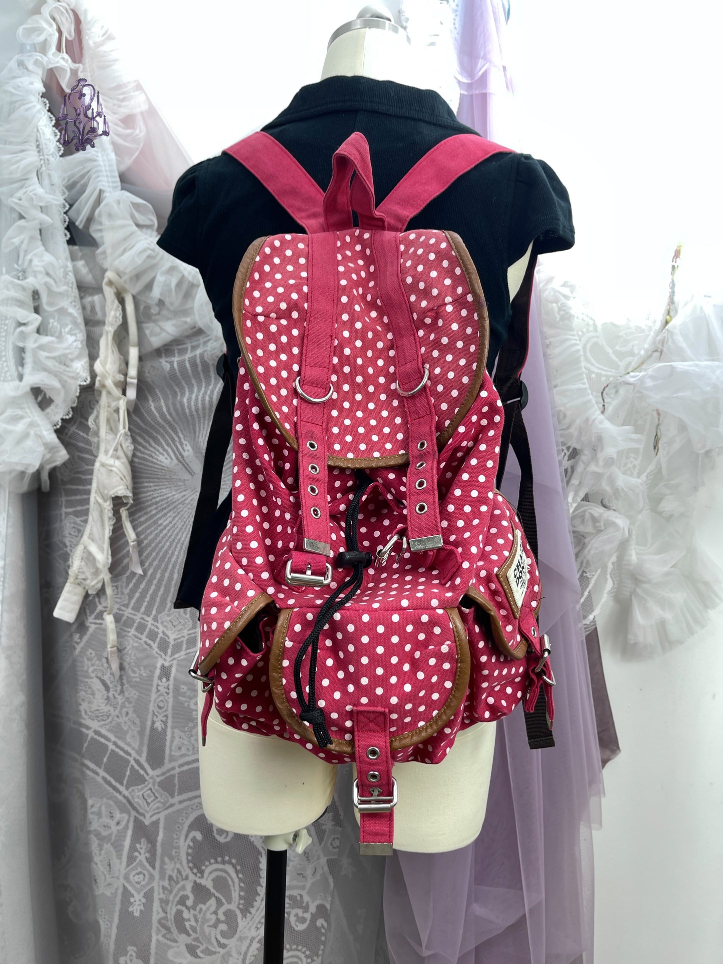 Vintage polka dots multi buckled utility backpack