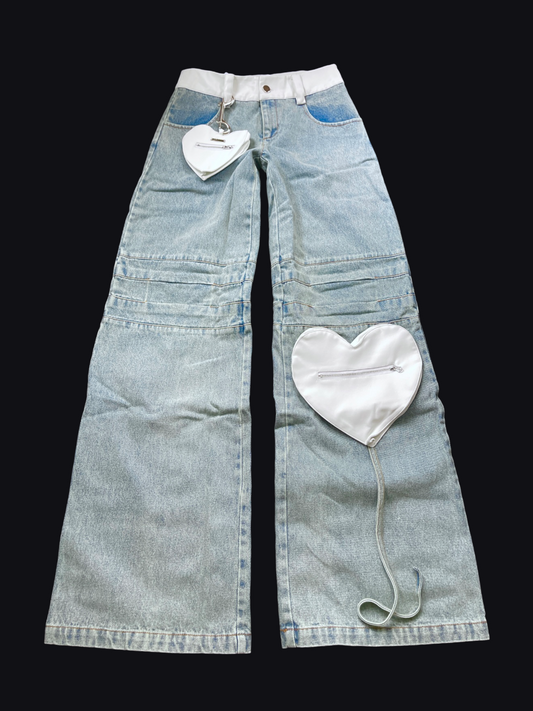 Bleached Wide Leg Jeans with Faux Leather Heart Pockets